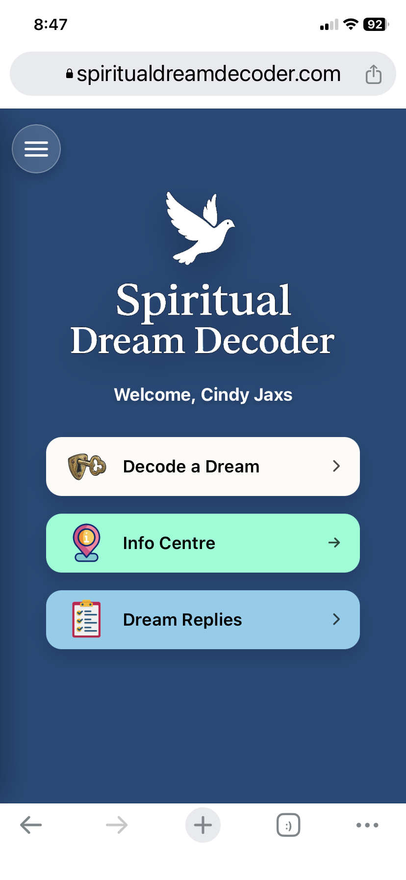 Example of the Spiritual Dream Decoder dashboard